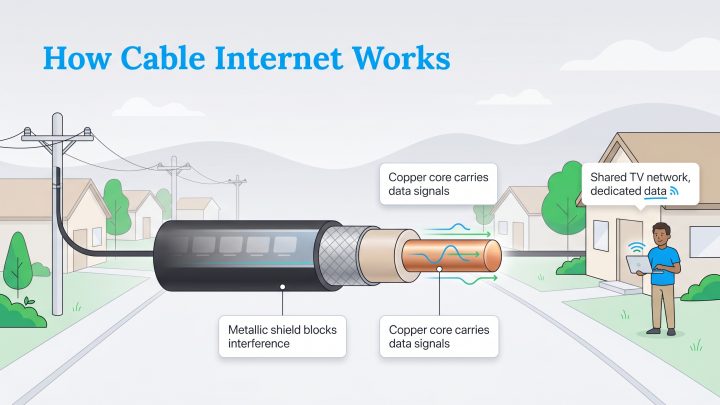 Diagram illustrating how cable internet transmits data via a coaxial cable's copper core, shielded from interference.