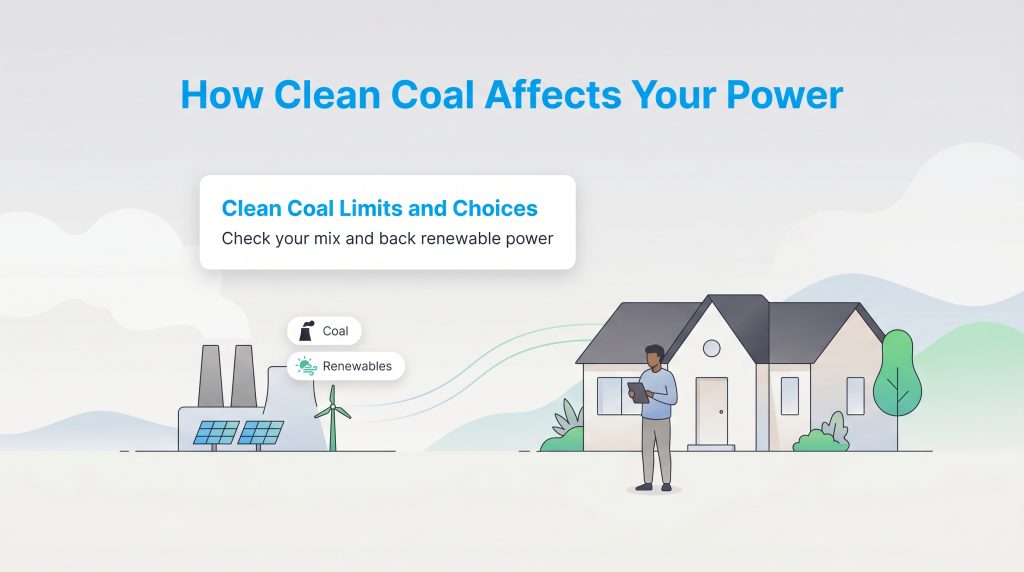 Graphic showing coal and renewable power plants connected to a home, advising to check energy mixes.