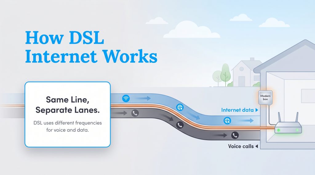 Diagram showing DSL separates voice and internet data on the same line using different frequencies.