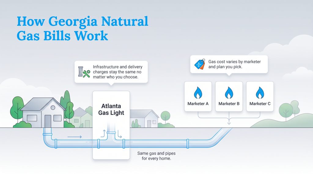 Diagram showing Georgia gas bills split between fixed infrastructure fees and variable marketer costs.