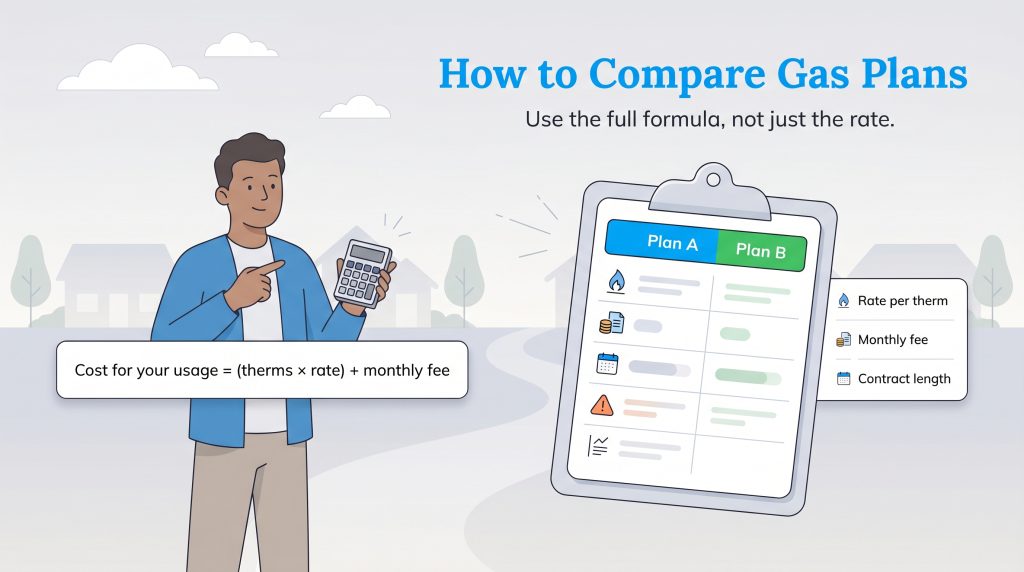 A man uses a calculator and a formula to compare Plan A and Plan B on a clipboard, noting rate, fee, and length.