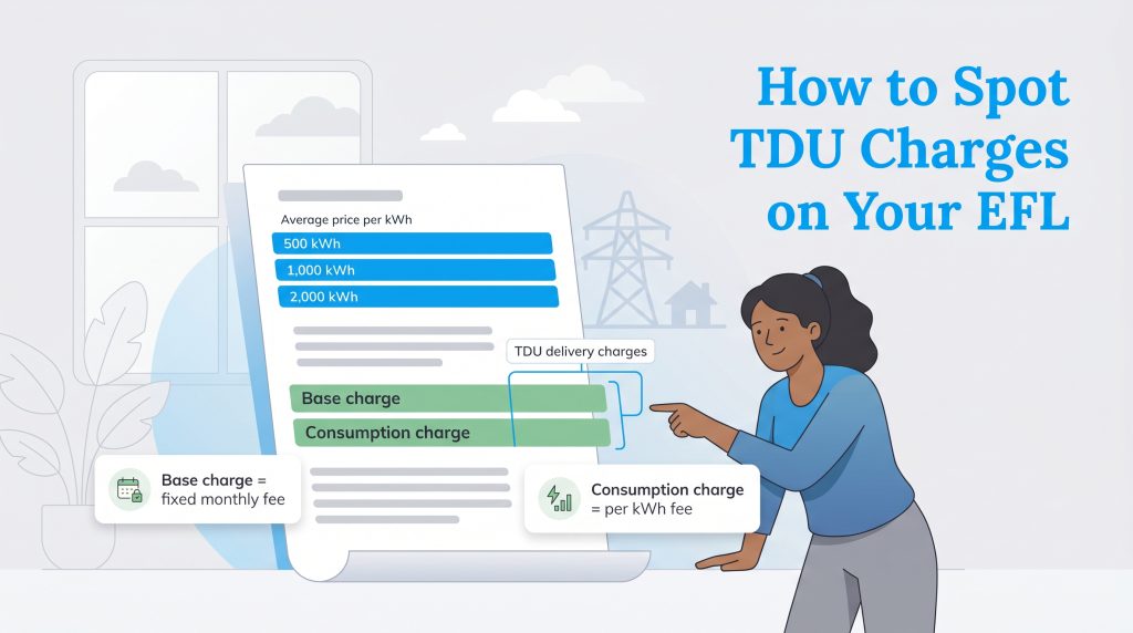 Woman points to base and consumption TDU delivery charges on an Electricity Facts Label (EFL).