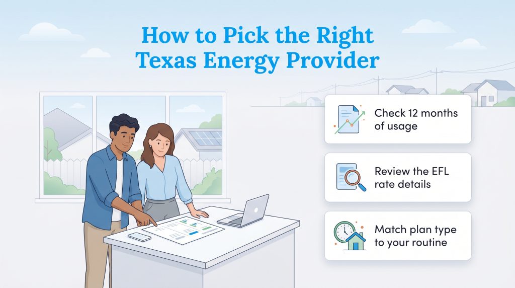 Infographic: Check usage, review EFL rates, and match plan to routine to pick a Texas energy provider.