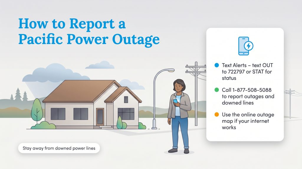 Visual guide on reporting Pacific Power outages via text, phone, or online map, with a safety warning.
