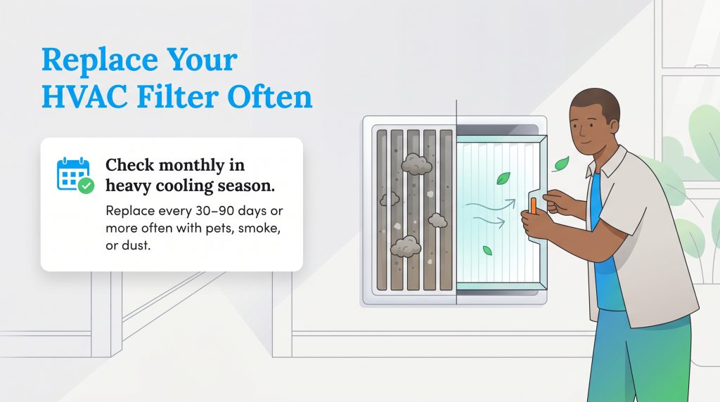 Illustration of a person replacing a dirty HVAC filter with a clean one, accompanied by maintenance text.