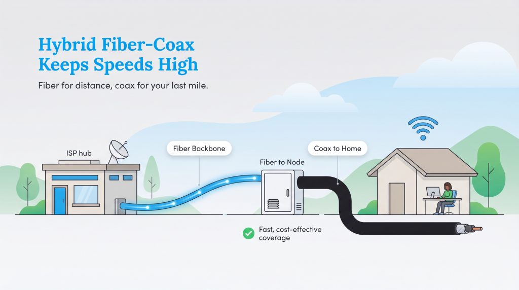 Diagram showing Hybrid Fiber-Coaxial network, with fiber optic cable from an ISP hub to a local node and coaxial cable to a home.