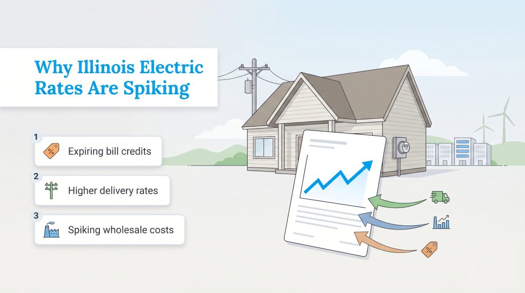 Infographic illustrating three causes for spiking Illinois electric rates shown on a rising bill graph.