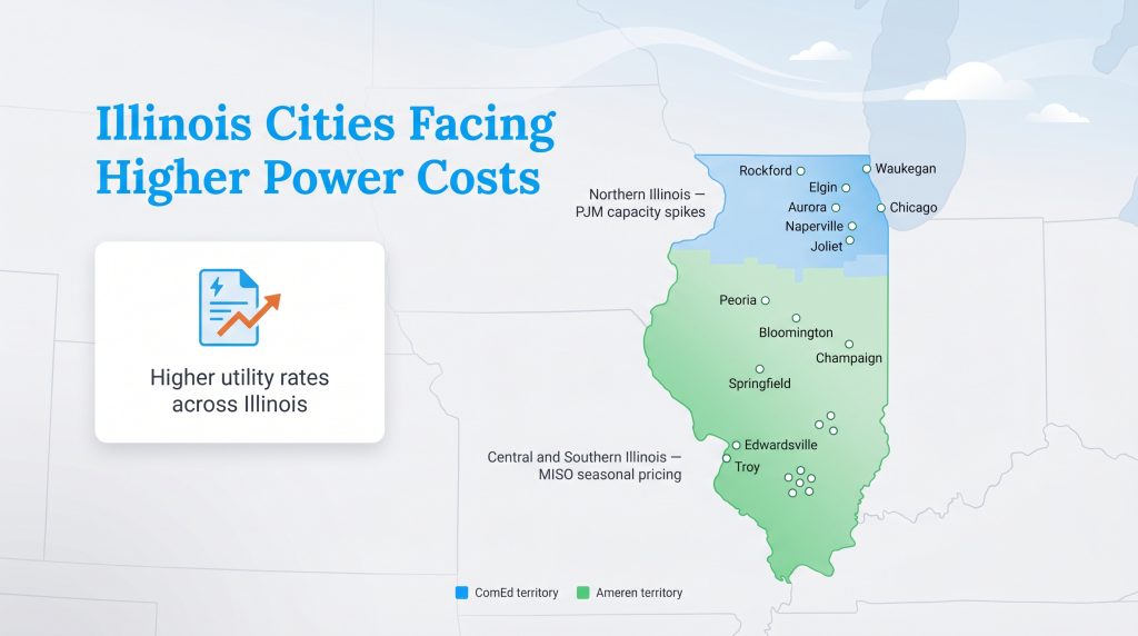 Map showing Illinois cities in ComEd and Ameren territories facing higher power costs.