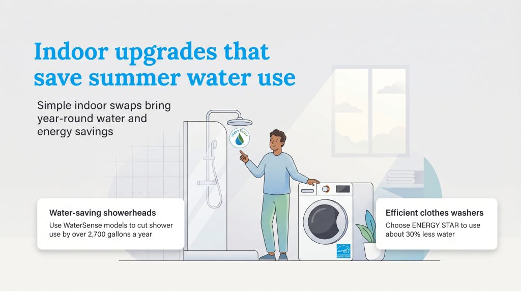 A man points to a WaterSense showerhead and an ENERGY STAR washing machine, illustrating water-saving indoor upgrades.