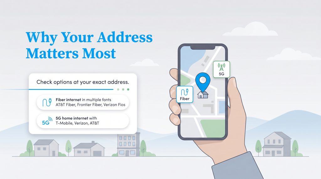 Illustration showing a phone map checking fiber and 5G internet availability at a specific address.