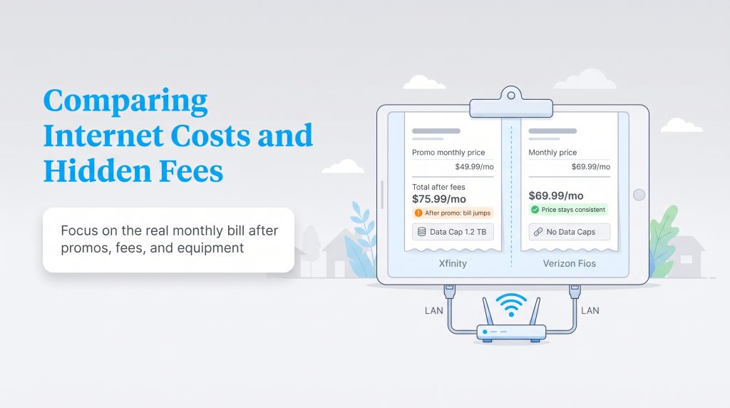 Infographic comparing internet costs and hidden fees between providers like Xfinity and Verizon Fios.
