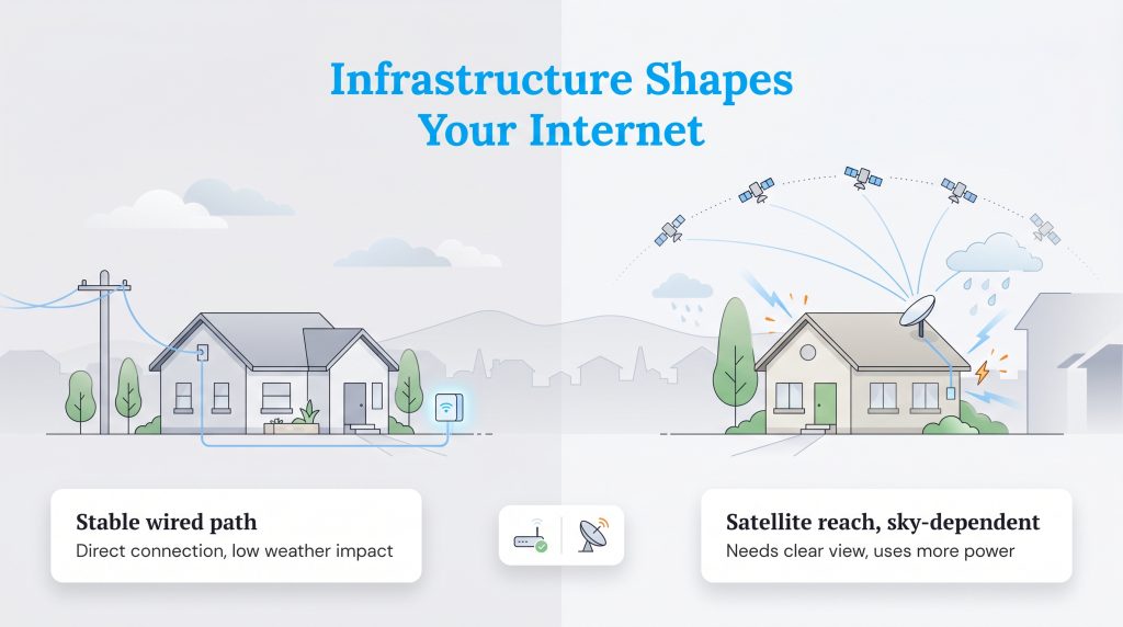 Illustration comparing stable wired cable internet to weather-vulnerable satellite internet infrastructure.