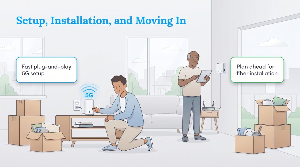Two people set up internet in a new home; one plugs in a 5G gateway, the other checks fiber equipment.