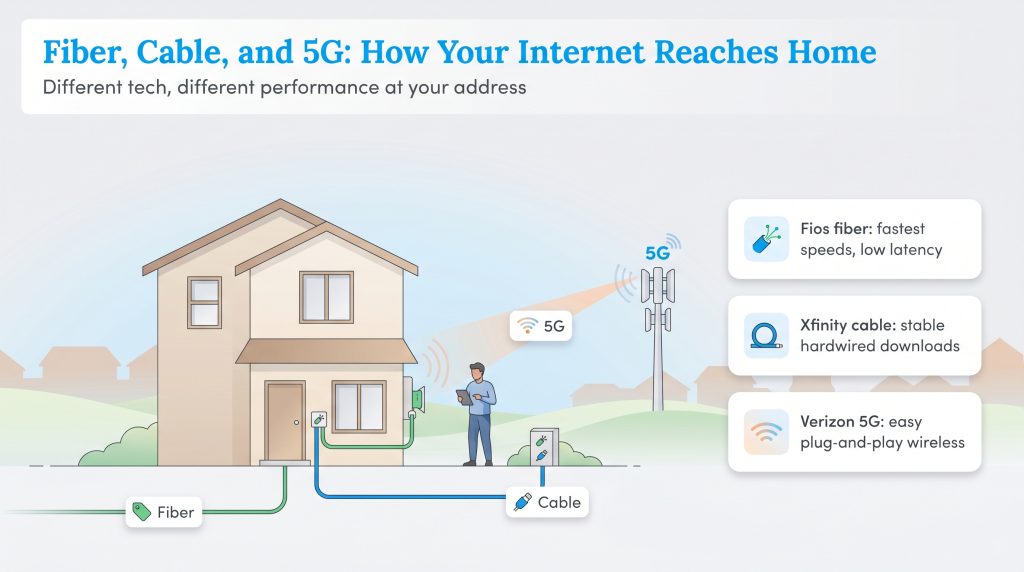 Illustration showing fiber, cable, and 5G internet connections reaching a home.