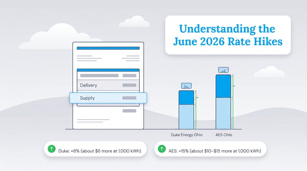 Infographic illustrating June 2026 electric supply rate increases for Duke Energy Ohio (+6%) and AES Ohio (+15%).