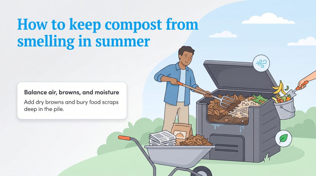 A man adds dry browns to a compost bin to prevent summer smells, with a text box on balancing ingredients.