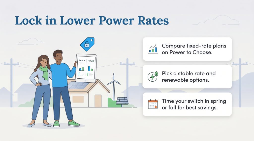 Illustration of a couple comparing energy rates on a tablet and three steps to lock in lower prices.