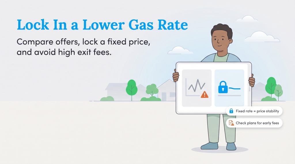 Illustration of a person holding a tablet contrasting volatile prices with stable fixed gas rates.