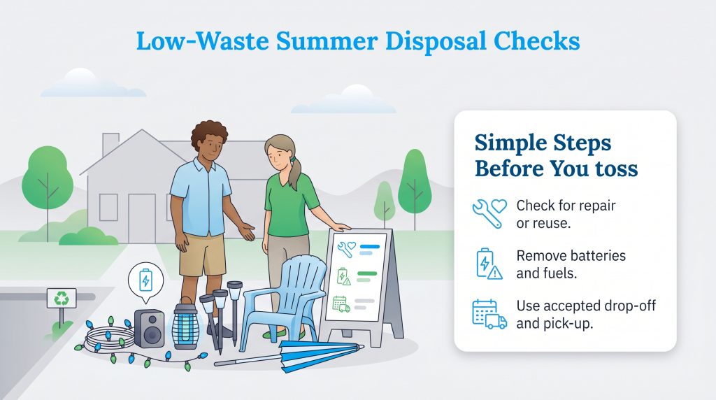 Infographic checklist for summer disposal: repair, remove batteries, and use accepted drop-off sites.
