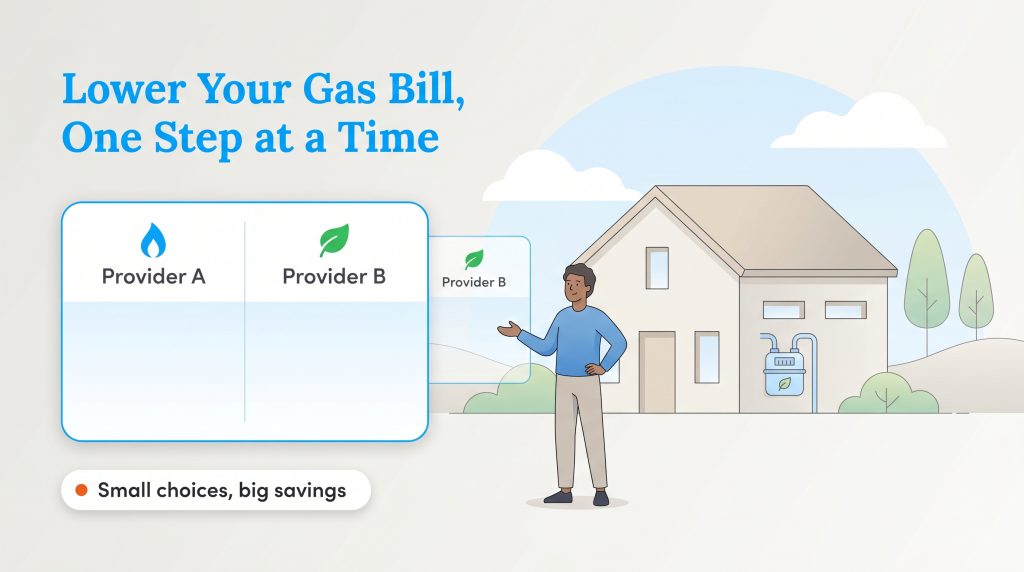 An illustration shows a person next to a house and a comparison chart for gas providers.
