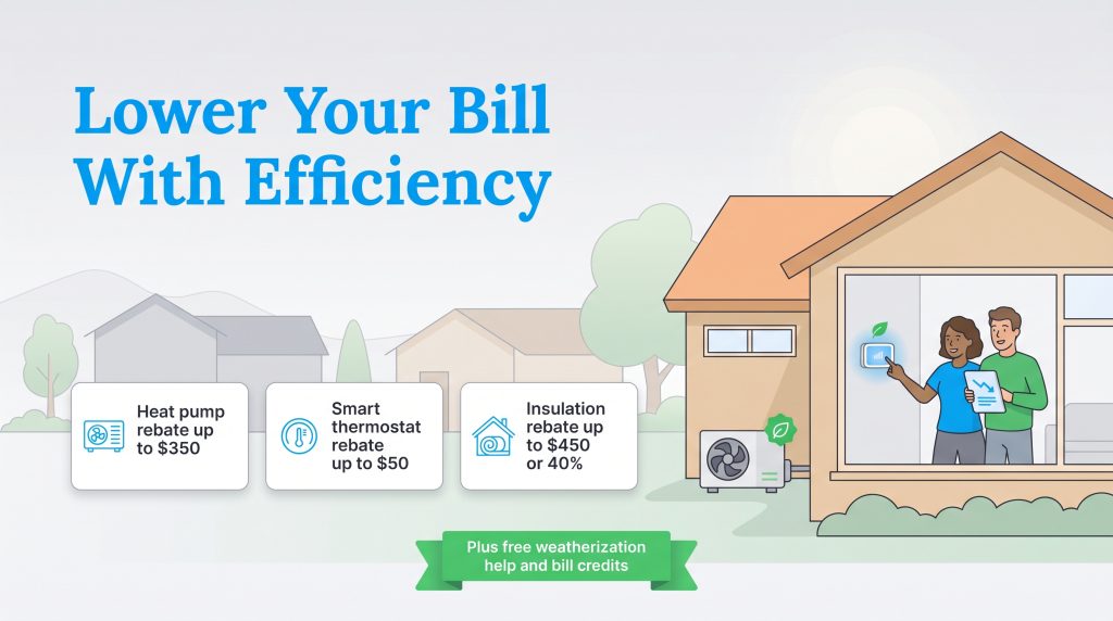 Infographic showing rebates for home efficiency upgrades and free weatherization to lower utility bills.