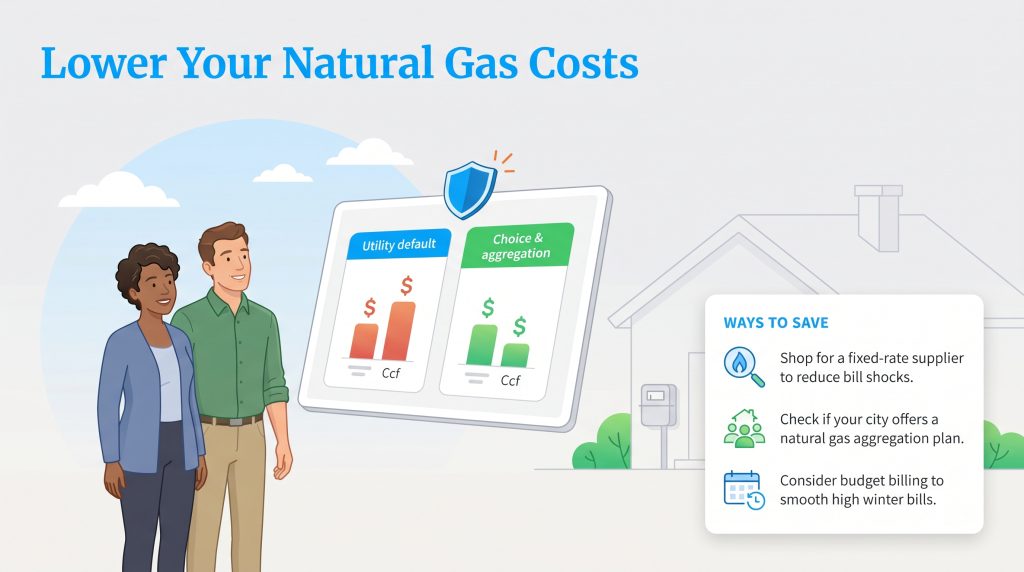Image showing a couple looking at gas cost comparisons and a checklist of ways to save on bills.