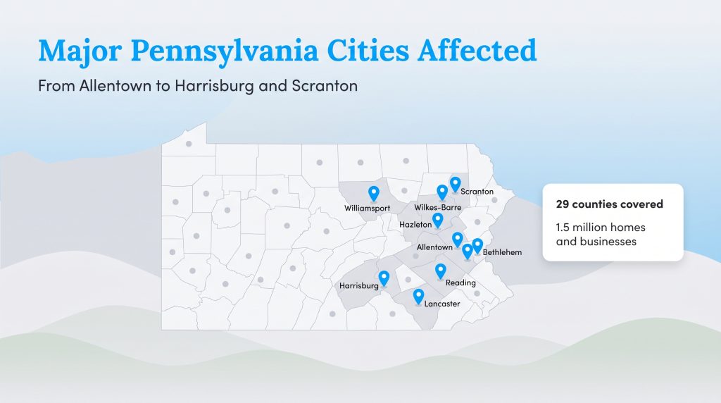 Map of Pennsylvania showing major cities including Harrisburg, Scranton, and Allentown, with a note of 29 counties covered.