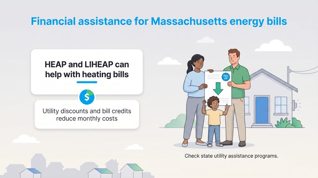 Infographic showing financial help for MA energy bills via HEAP, LIHEAP, discounts, and credits.
