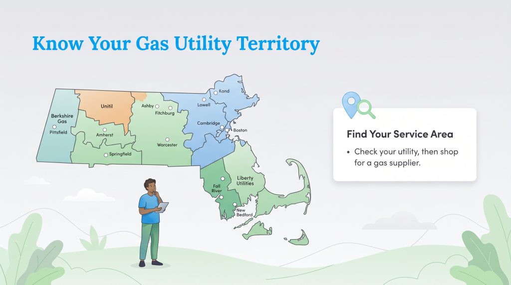 Map of Massachusetts showing gas utility service territories and major cities within each region.