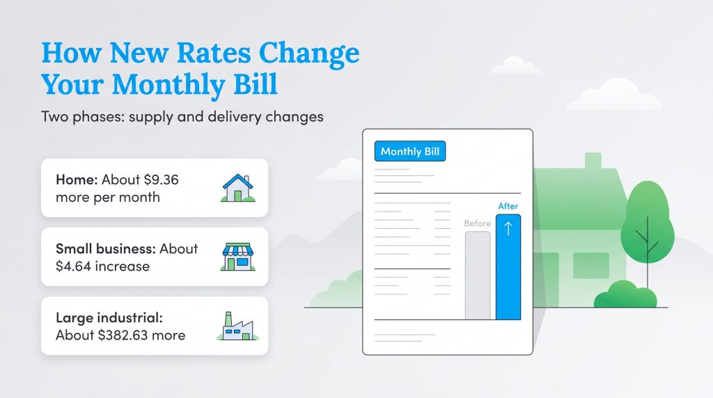 Graphic showing bill increases for homes ($9.36), small businesses ($4.64), and industrial ($382.63).