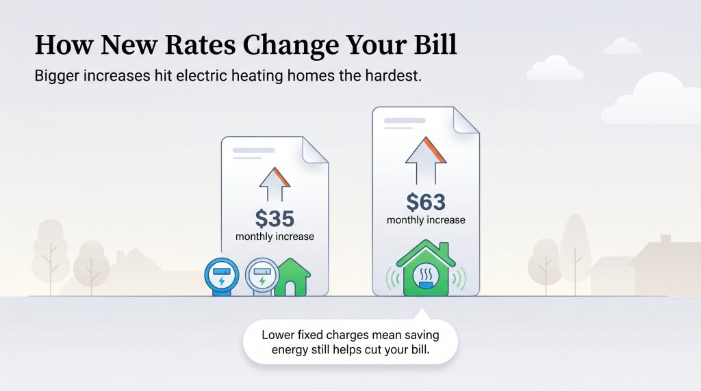 Infographic shows electric heating homes face a $63 monthly bill increase, compared to $35 for others.
