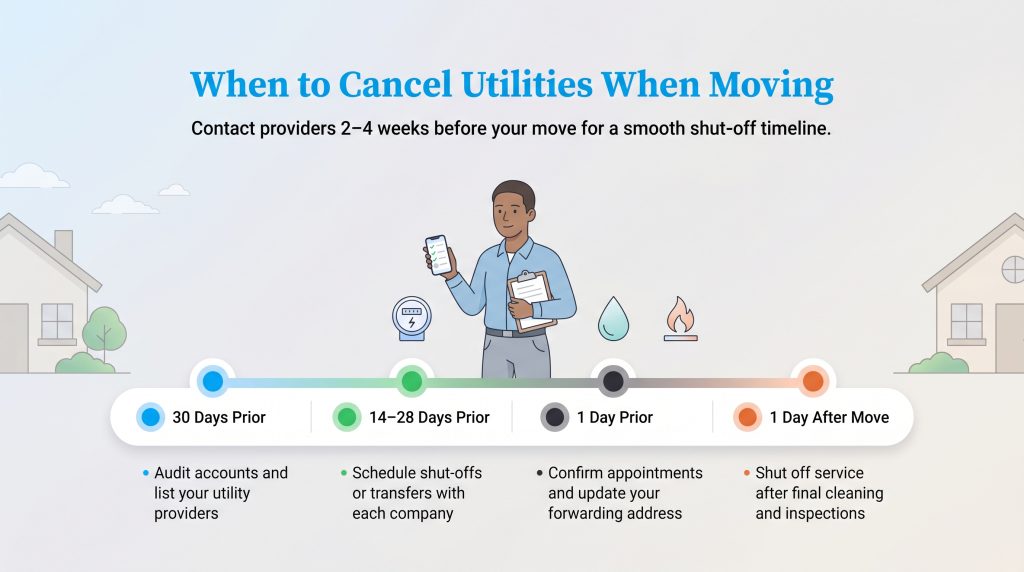 Timeline infographic detailing steps for canceling utilities 30 days before to 1 day after a move.