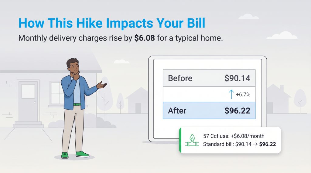 An illustration shows a typical monthly gas bill increasing from $90.14 to $96.22, a $6.08 rise.