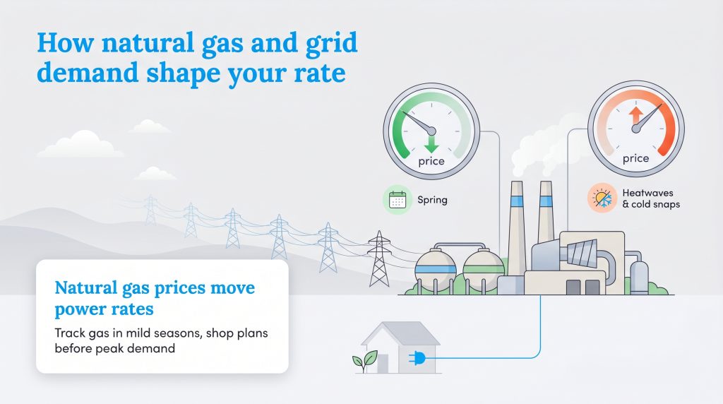 Infographic illustrating how natural gas prices and seasonal grid demand influence electricity rates.