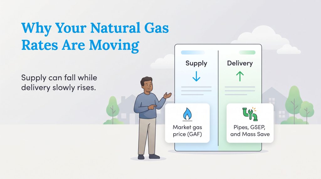 Infographic showing gas supply costs falling while delivery costs for pipes and programs rise.