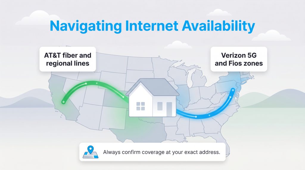 US map showing AT&T fiber coverage in the West and Verizon Fios in the Northeast, with a house icon.