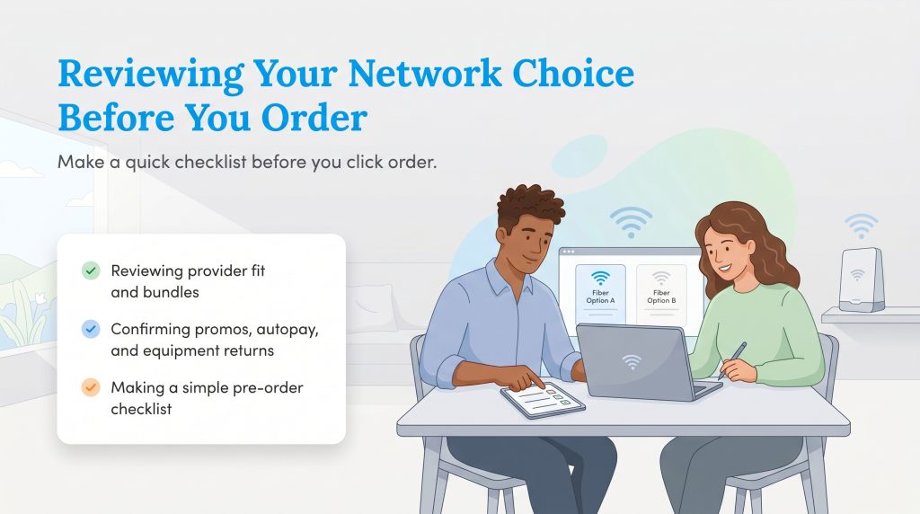 Illustration of a couple comparing fiber internet options next to a pre-order checklist box.