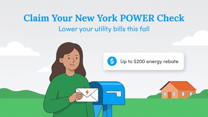 Woman at a mailbox with text Claim Your New York POWER Check and Up to $200 energy rebate.