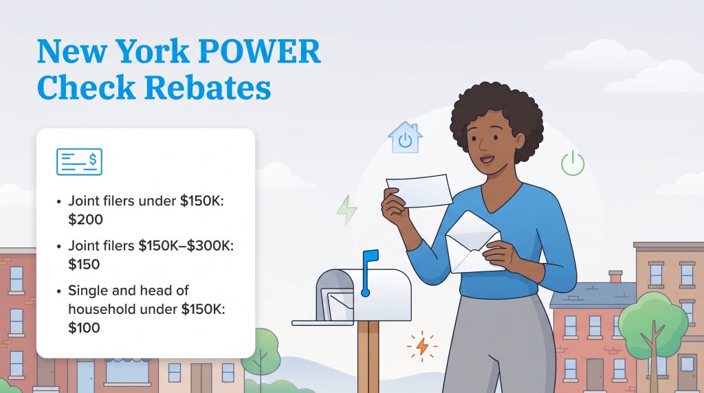 Graphic detailing New York POWER Check rebate amounts for different income and filing statuses.