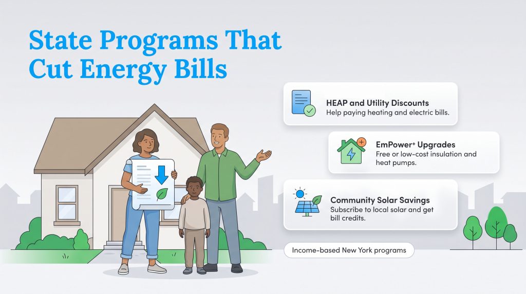 Family in front of house with panels for NY energy programs: HEAP, EmPower+, and Community Solar.