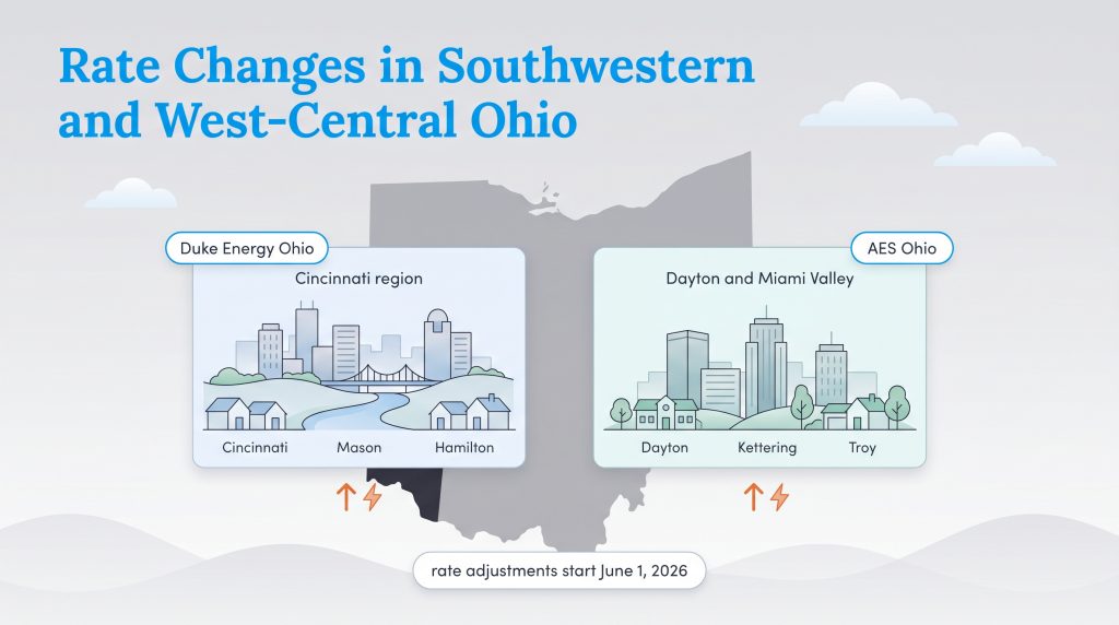 Map of Ohio showing Duke Energy and AES Ohio regions with electricity rate changes starting June 1, 2026.