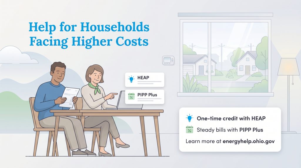 Couple at a table reviewing HEAP and PIPP Plus energy assistance program options on a laptop.