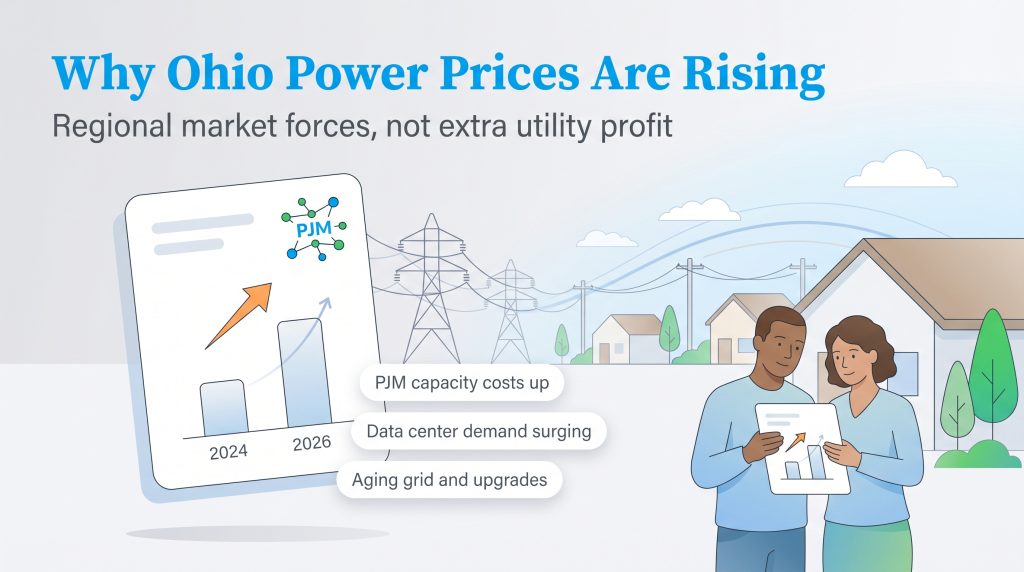 Illustration shows Ohio power prices are rising due to PJM costs, data center demand, and grid upgrades.