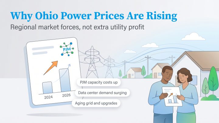 Illustration shows Ohio power prices are rising due to PJM costs, data center demand, and grid upgrades.