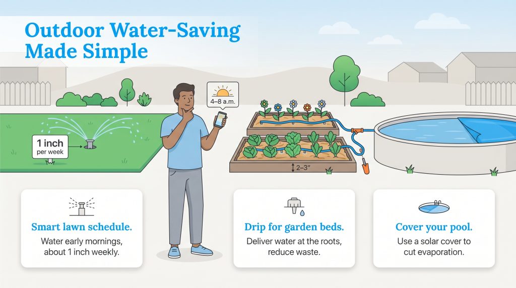 Infographic titled Outdoor Water-Saving Made Simple showing strategies for lawns, gardens, and pools.