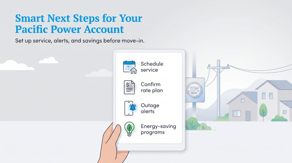Infographic checklist on a tablet showing four steps: Schedule service, Confirm rate plan, Outage alerts, and Energy-saving programs.