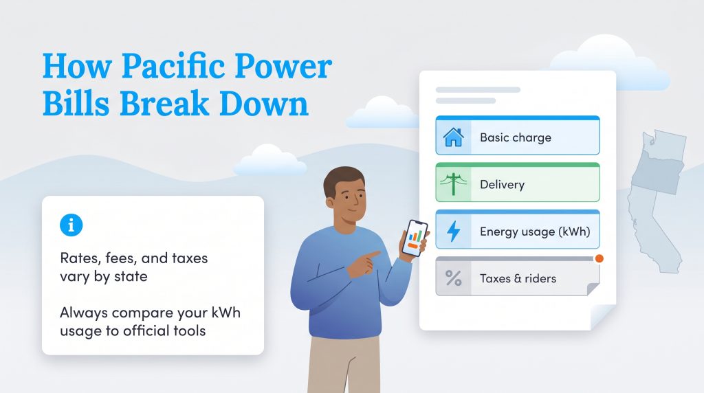 Infographic showing a man and a document explaining Pacific Power bill components like basic charge and energy usage.