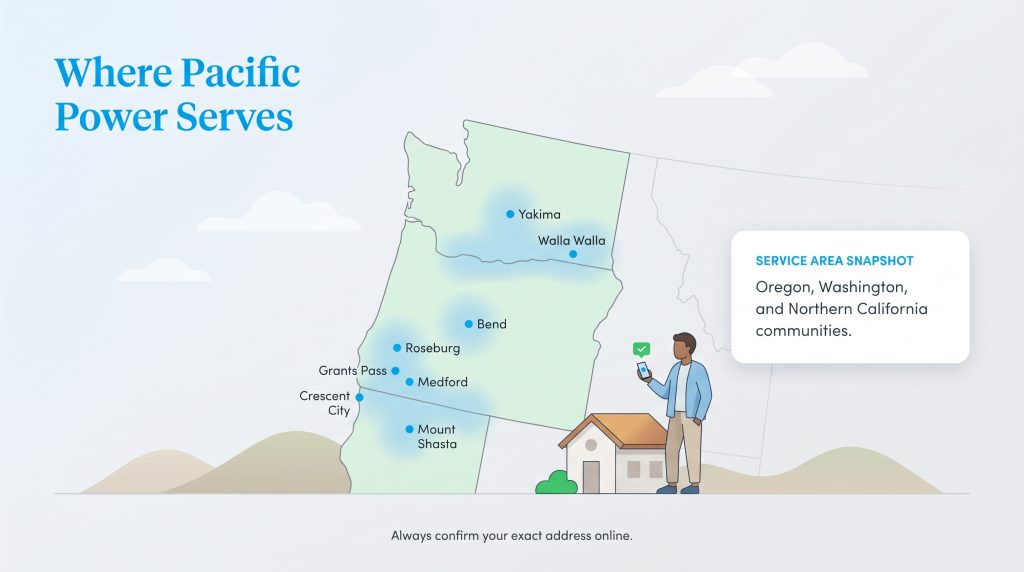 Map highlighting Pacific Power service areas in Washington, Oregon, and Northern California.