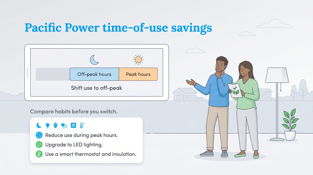 A couple reviews energy tips next to a graphic showing off-peak and peak electricity hours.