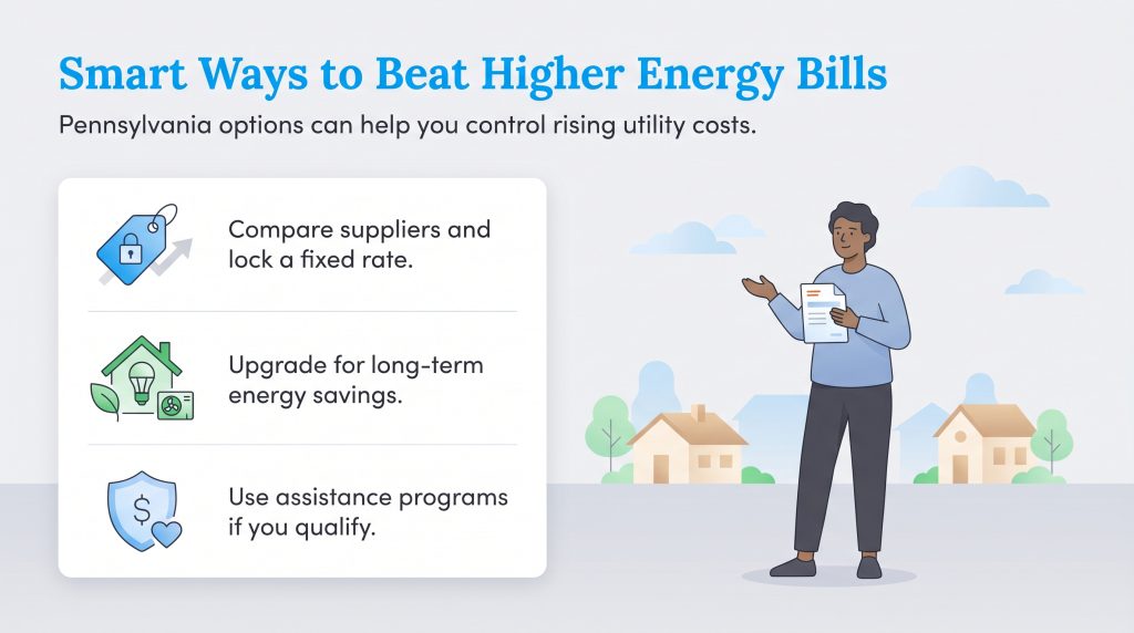 Infographic titled Smart Ways to Beat Higher Energy Bills listing three methods: compare suppliers, upgrade efficiency, and use assistance programs.